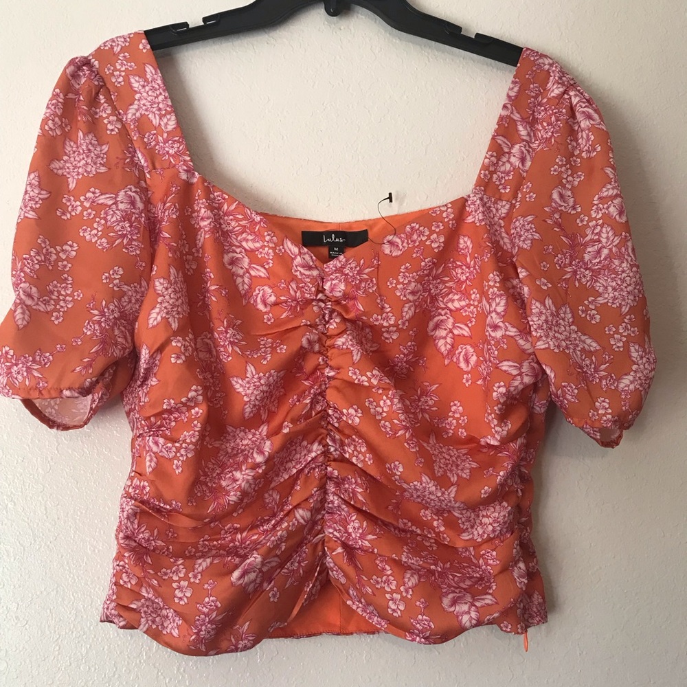 Lulus Orange & Pink Short sleeve ruched Floral Crop Top Size M NWOT